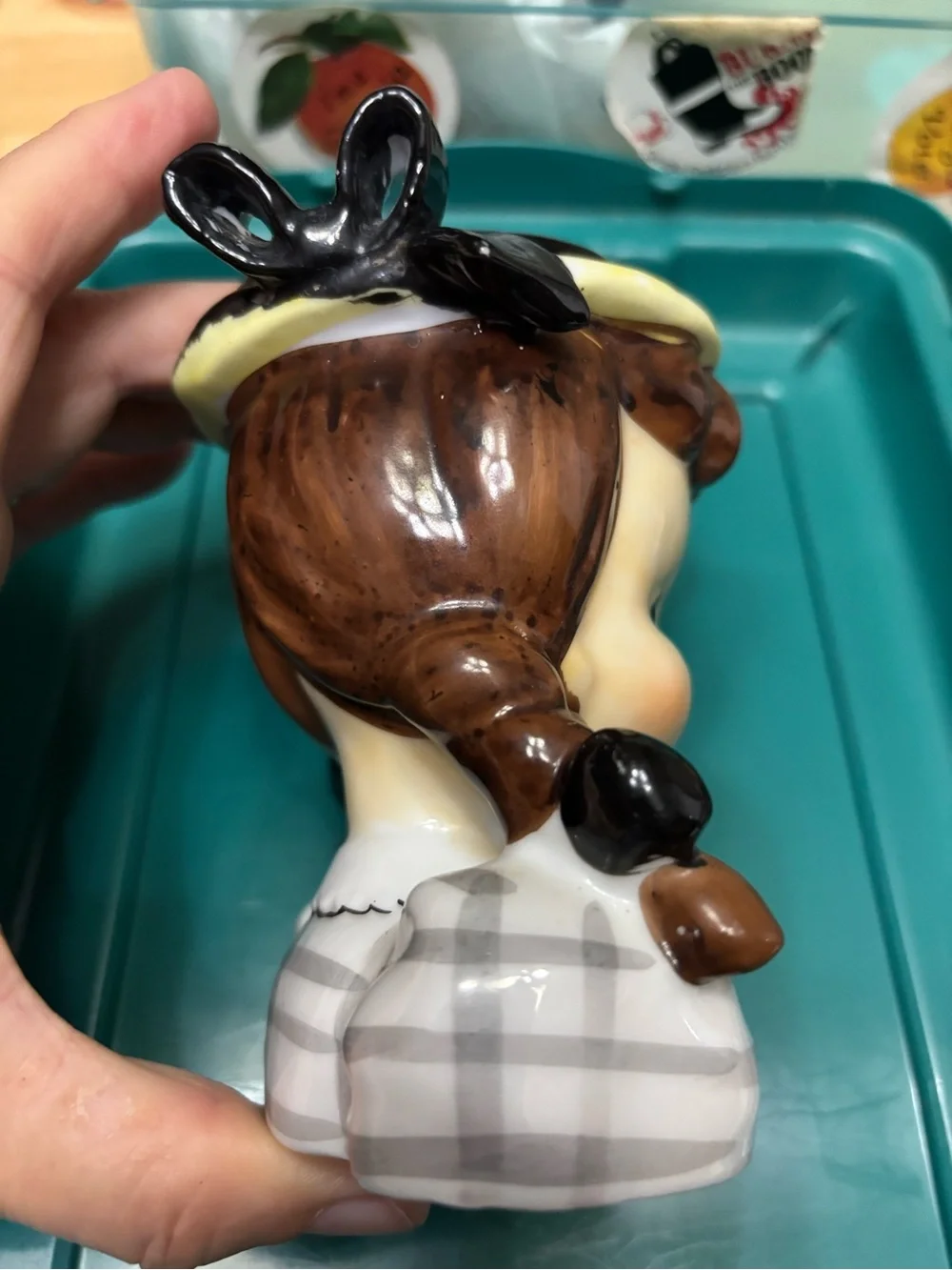 Napco Ceramic Girl vase in Gray/Cream check, Brown hair.